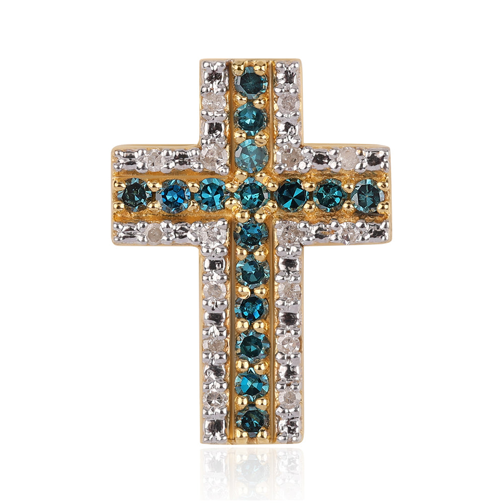 Cruz Colgante de Plata Bañada en Oro con Diamante Azul y Diamante blanco