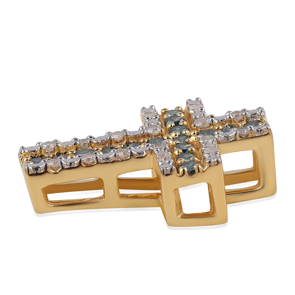 Cruz Colgante de Plata Bañada en Oro con Diamante Azul y Diamante blanco