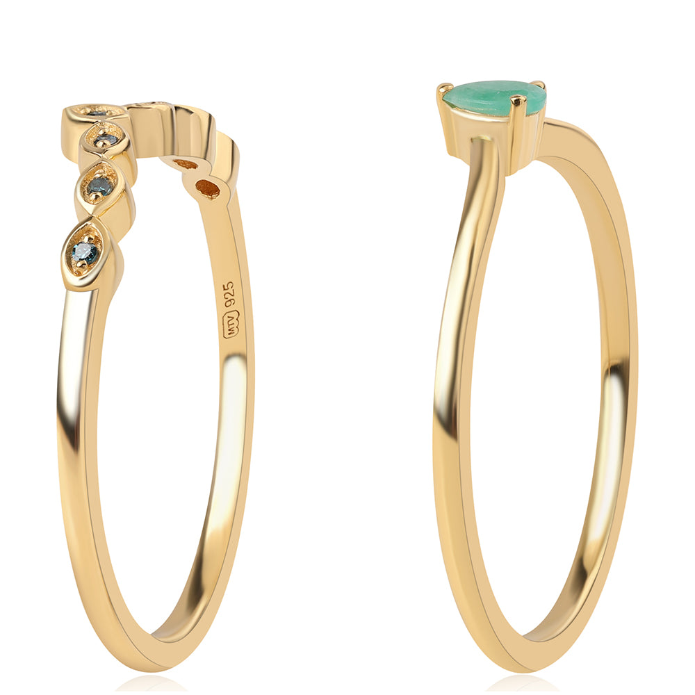 Conjunto de Plata Bañada en Oro con Diamante Azul y Esmeralda de Brasil ( Anillo )