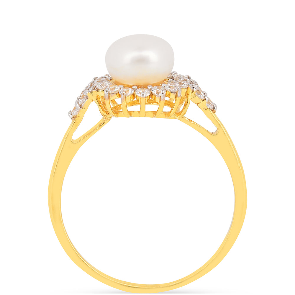 Anillo de Plata Bañada en Oro con Perla de Agua Dulce Crema y Zircón Blanco