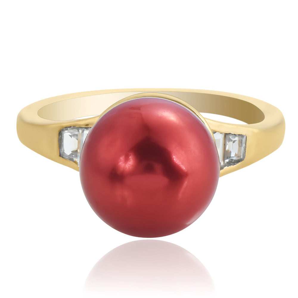 Anillo de Plata Bañada en Oro con Perla roja de río y Topacio Blanco