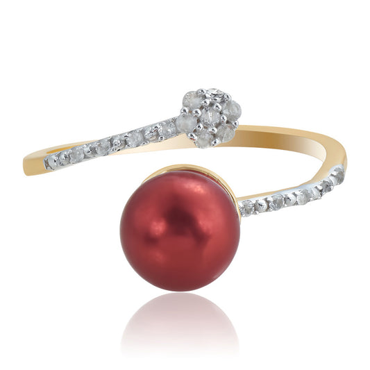Anillo de Plata Bañada en Oro con Perla roja de río y Topacio Blanco
