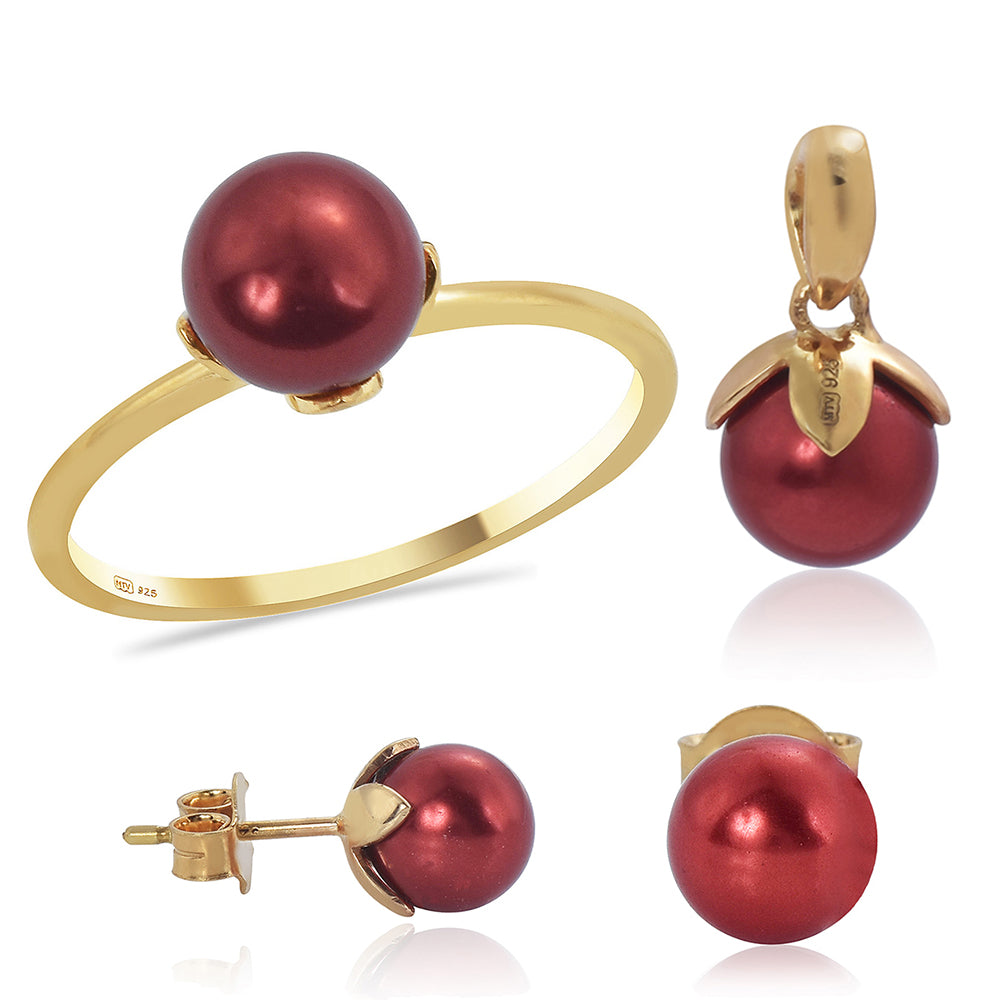 Conjunto de Plata Bañada en Oro con Perla roja de río ( Pendientes +Anillo +Colgante )