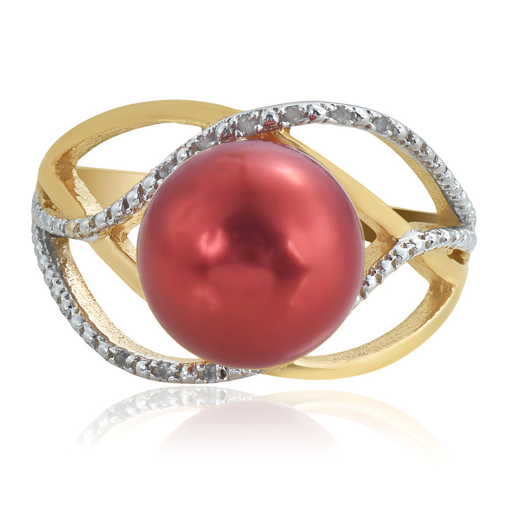 Anillo de Plata Bañada en Oro con Perla roja de río y Topacio Blanco