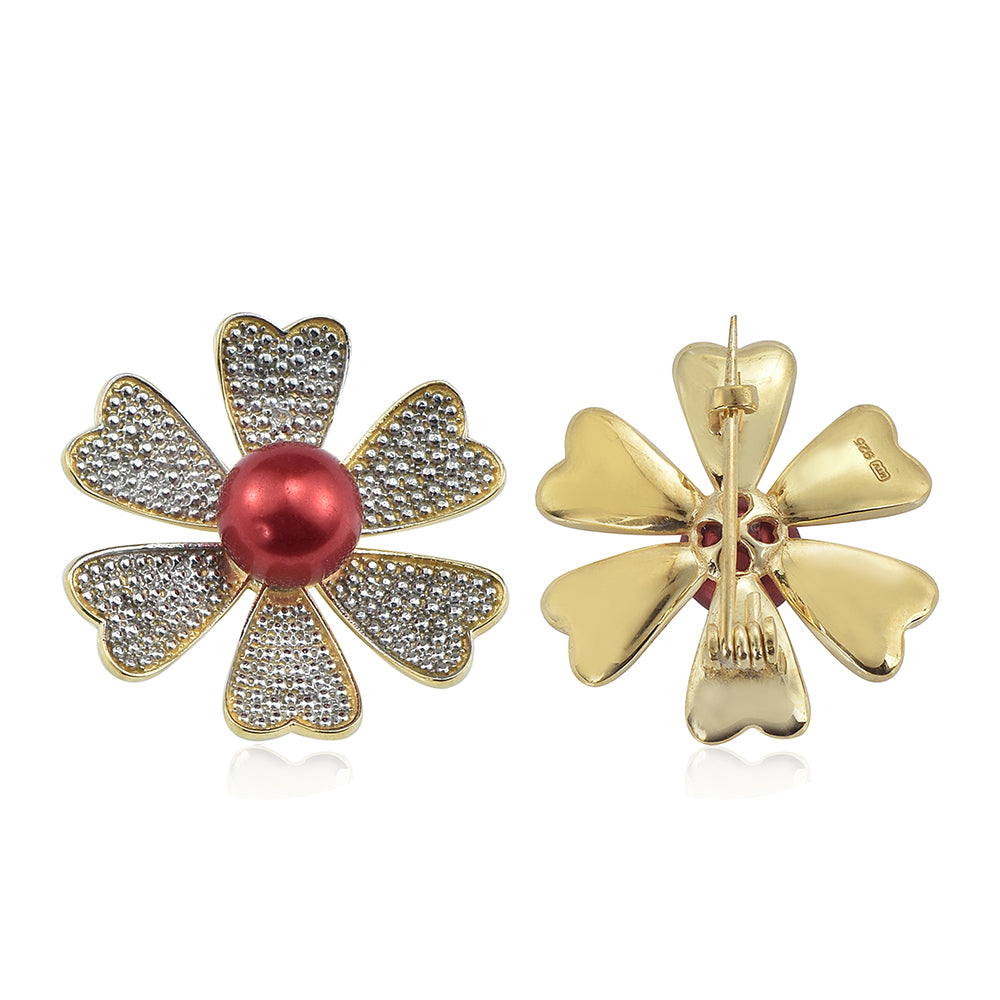 Broche de Plata Bañada en Oro con Perla roja de río y Topacio Blanco