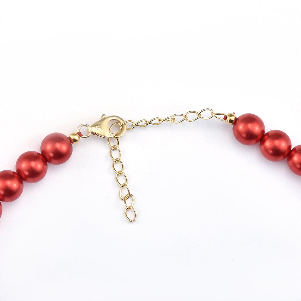 Conjunto de Plata Bañada en Oro con Perla roja de río ( Collar +Pendientes +Pulsera )