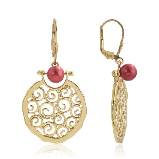 Pendientes de Plata Bañada en Oro con Perla roja de río
