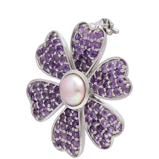 Broche de Plata con Amatista de Marruecos y Perla blanca de agua dulce