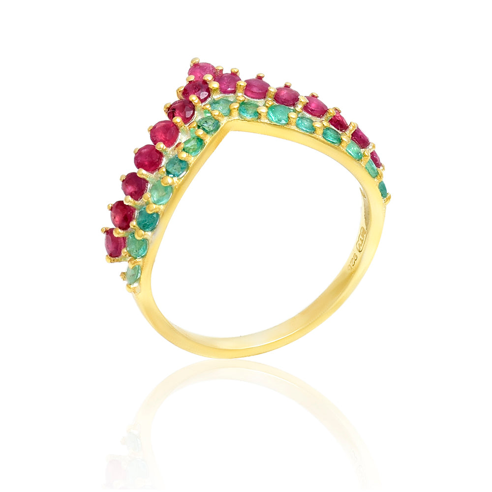 Anillo de Plata Bañada en Oro con Rubí de Madagascar y Esmeralda de Brasil