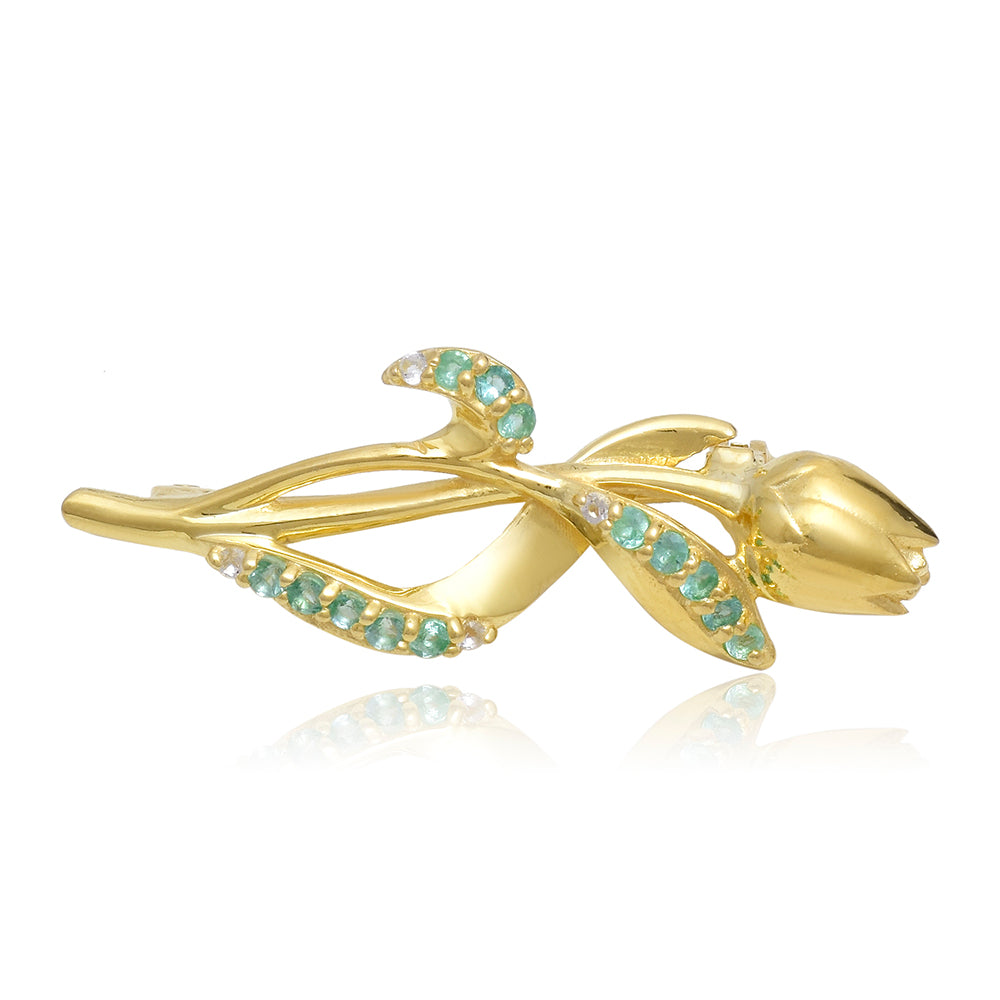 Broche de Plata Bañada en Oro con Esmeralda de Brasil y Topacio Blanco