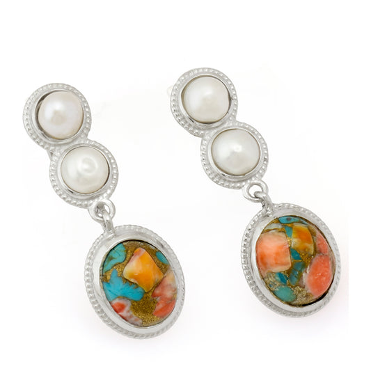 Pendientes de Plata con Turquesa Ostra y Perla blanca de agua dulce