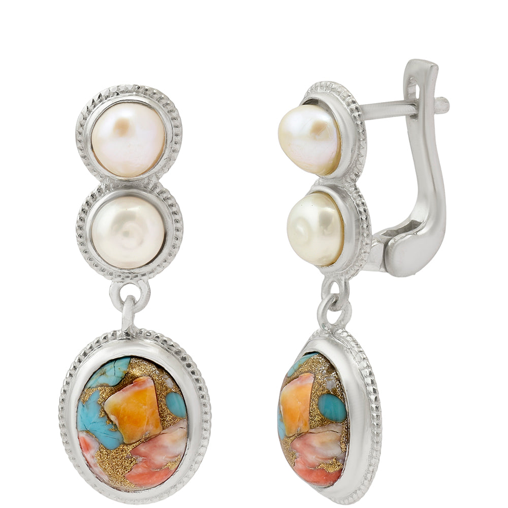 Pendientes de Plata con Turquesa Ostra y Perla blanca de agua dulce