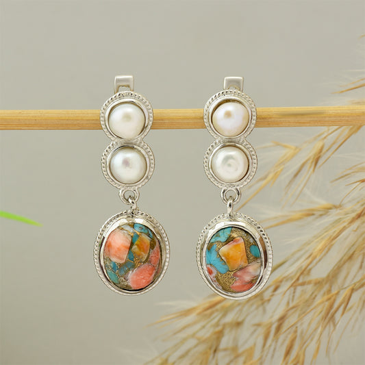 Pendientes de Plata con Turquesa Ostra y Perla blanca de agua dulce