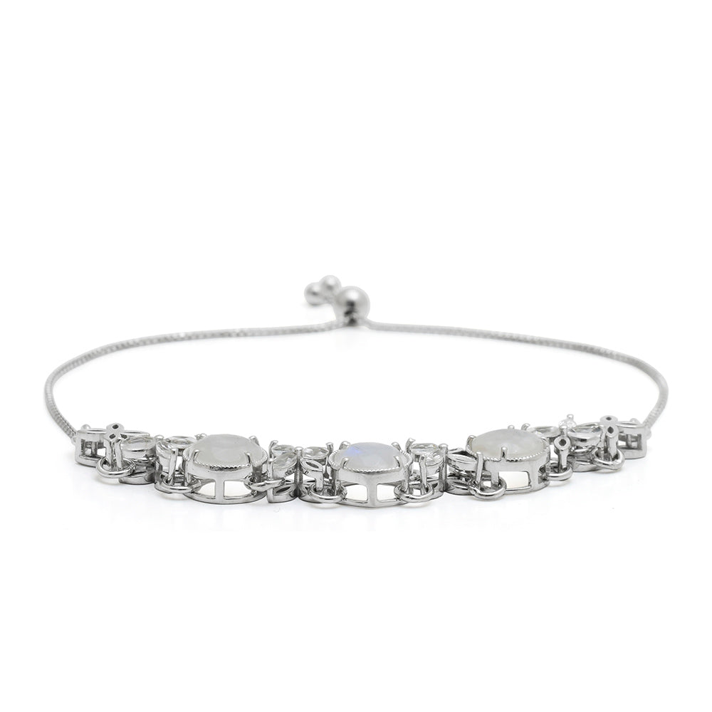 Pulsera de Plata con Piedra Lunar Arco Iris y Topacio Blanco