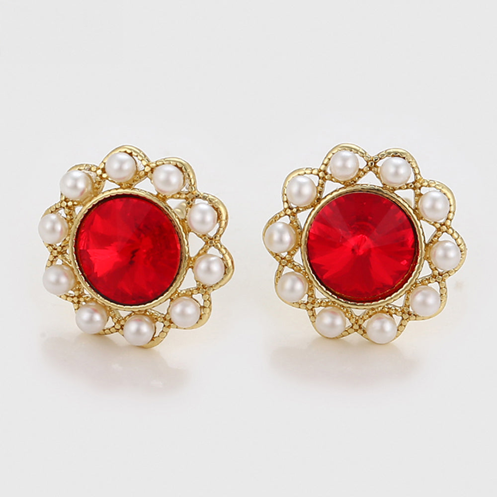 Pendientes de Aleación Bañado en Oro con Perla de cristal y Cristal Emporia® Rojo