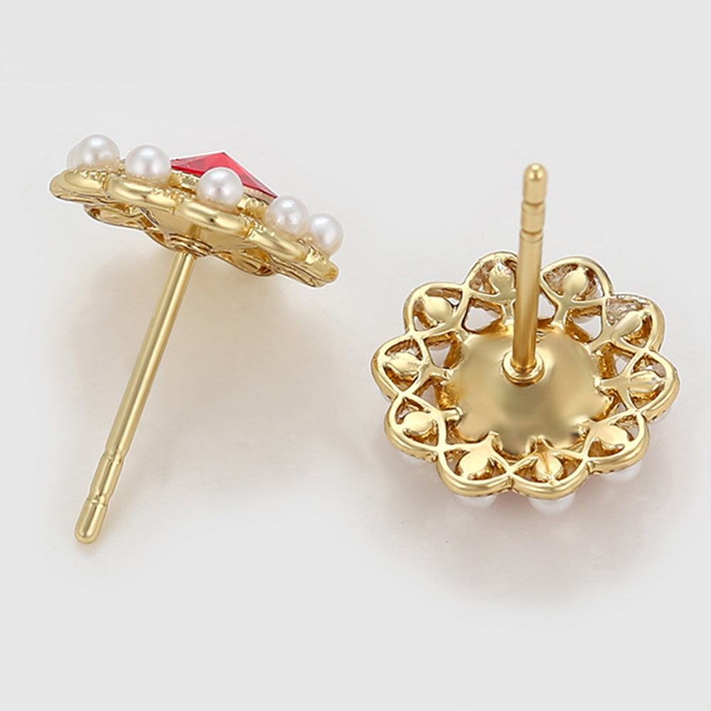 Pendientes de Aleación Bañado en Oro con Perla de cristal y Cristal Emporia® Rojo