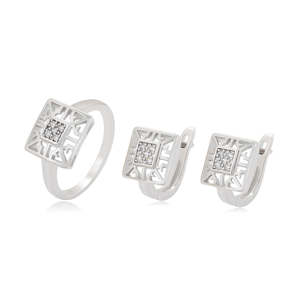 Conjunto de Aleación Bañado en Oro con Cristal Emporia® Blanco ( Pendientes +Anillo )