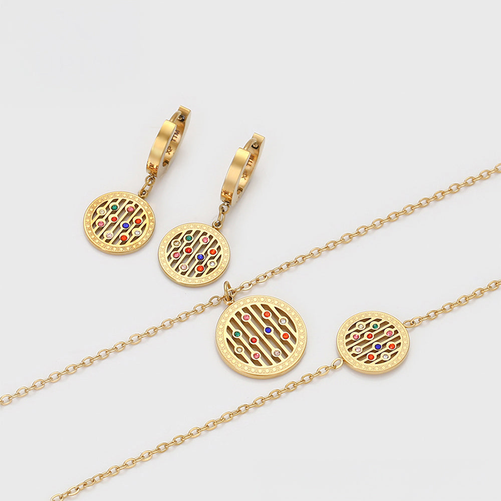 Conjunto de Aleación Bañado en Oro con Cristal Emporia® Rojo y Cristal Emporia® Azul ( Collar +Pendientes +Pulsera +Colgante )