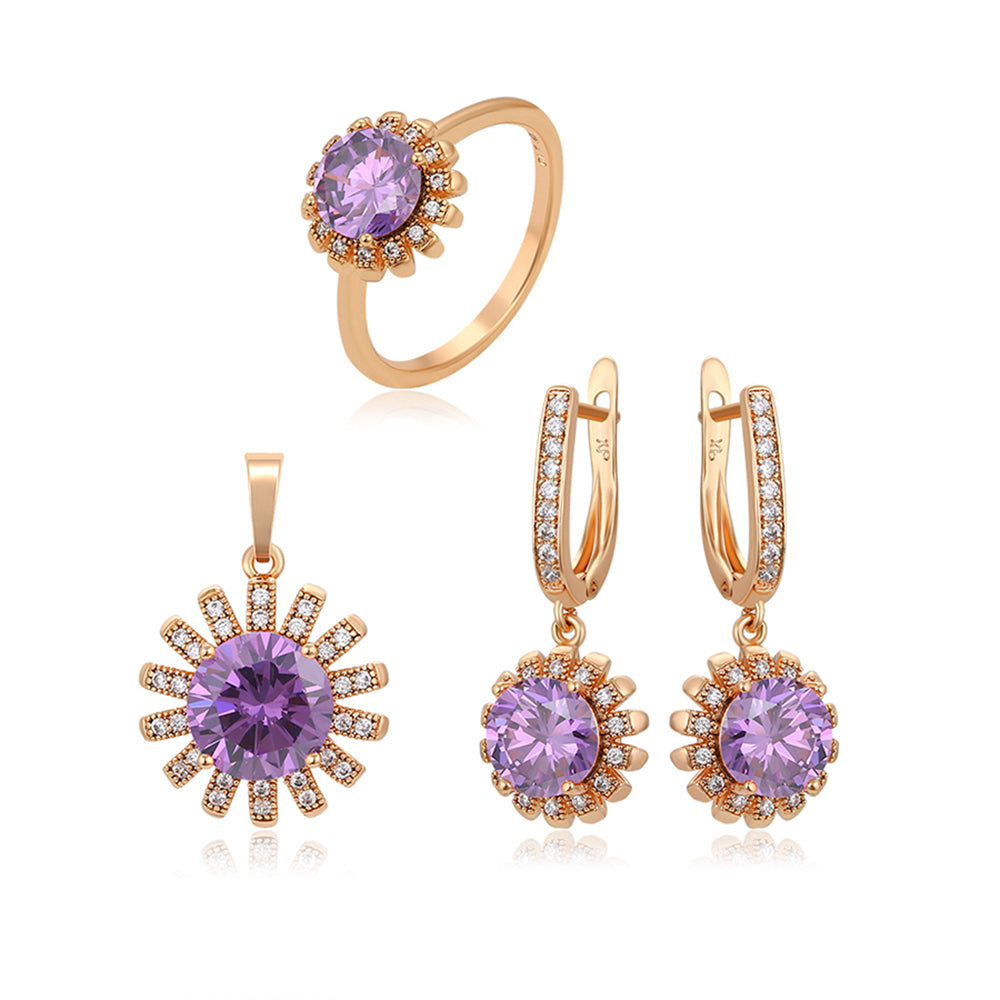 Conjunto de Aleación Bañado en Oro con Cristal Emporia® Púrpura y Cristal Emporia® Blanco ( Pendientes +Anillo +Colgante )