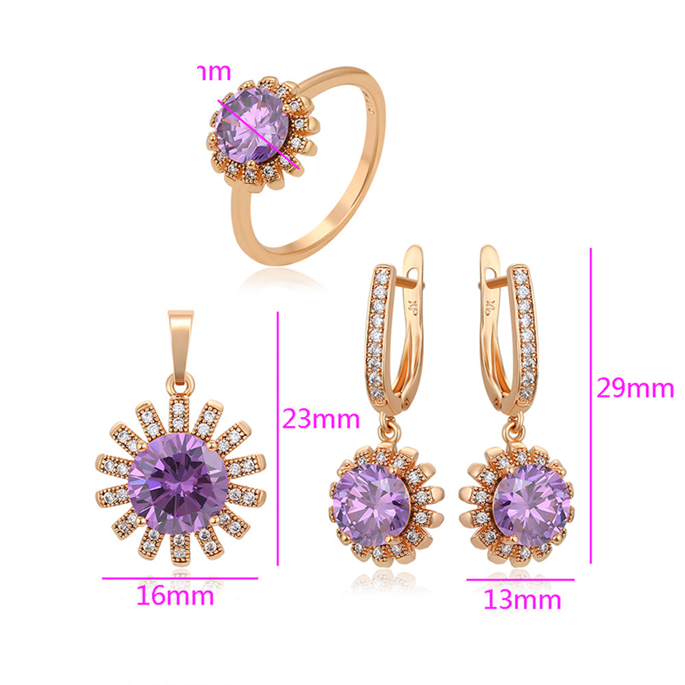 Conjunto de Aleación Bañado en Oro con Cristal Emporia® Púrpura y Cristal Emporia® Blanco ( Pendientes +Anillo +Colgante )