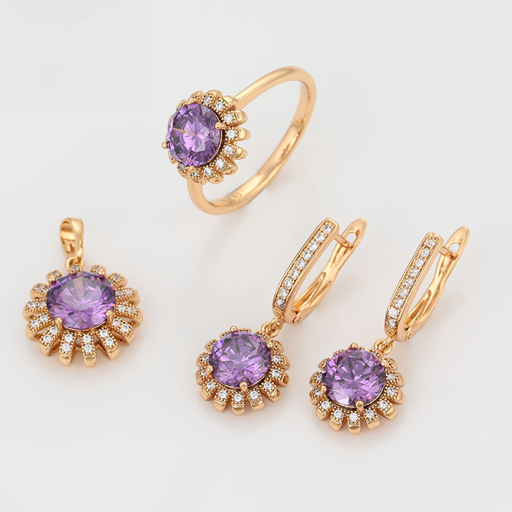 Conjunto de Aleación Bañado en Oro con Cristal Emporia® Púrpura y Cristal Emporia® Blanco ( Pendientes +Anillo +Colgante )