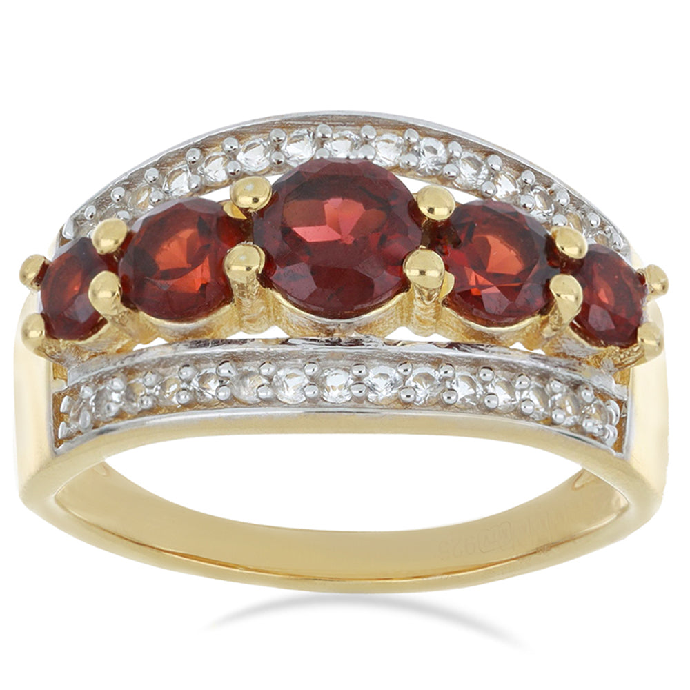 Anillo de Plata Bañada en Oro con Granate Barton y Topacio Blanco