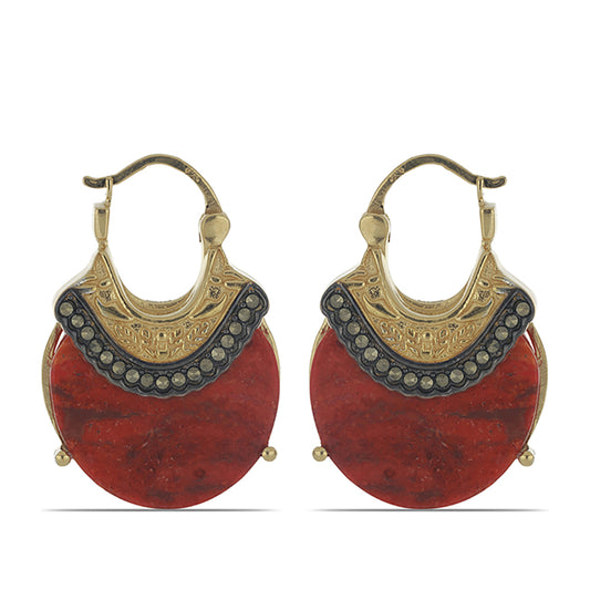 Pendientes de Plata Bañada en Oro con Coral de Esponja Roja y Marcasita