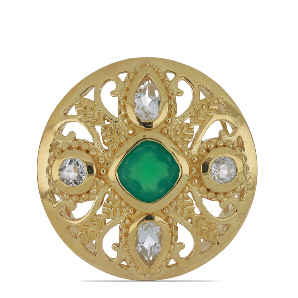 Anillo de Plata Bañada en Oro con Ágata Verde y Topacio Blanco