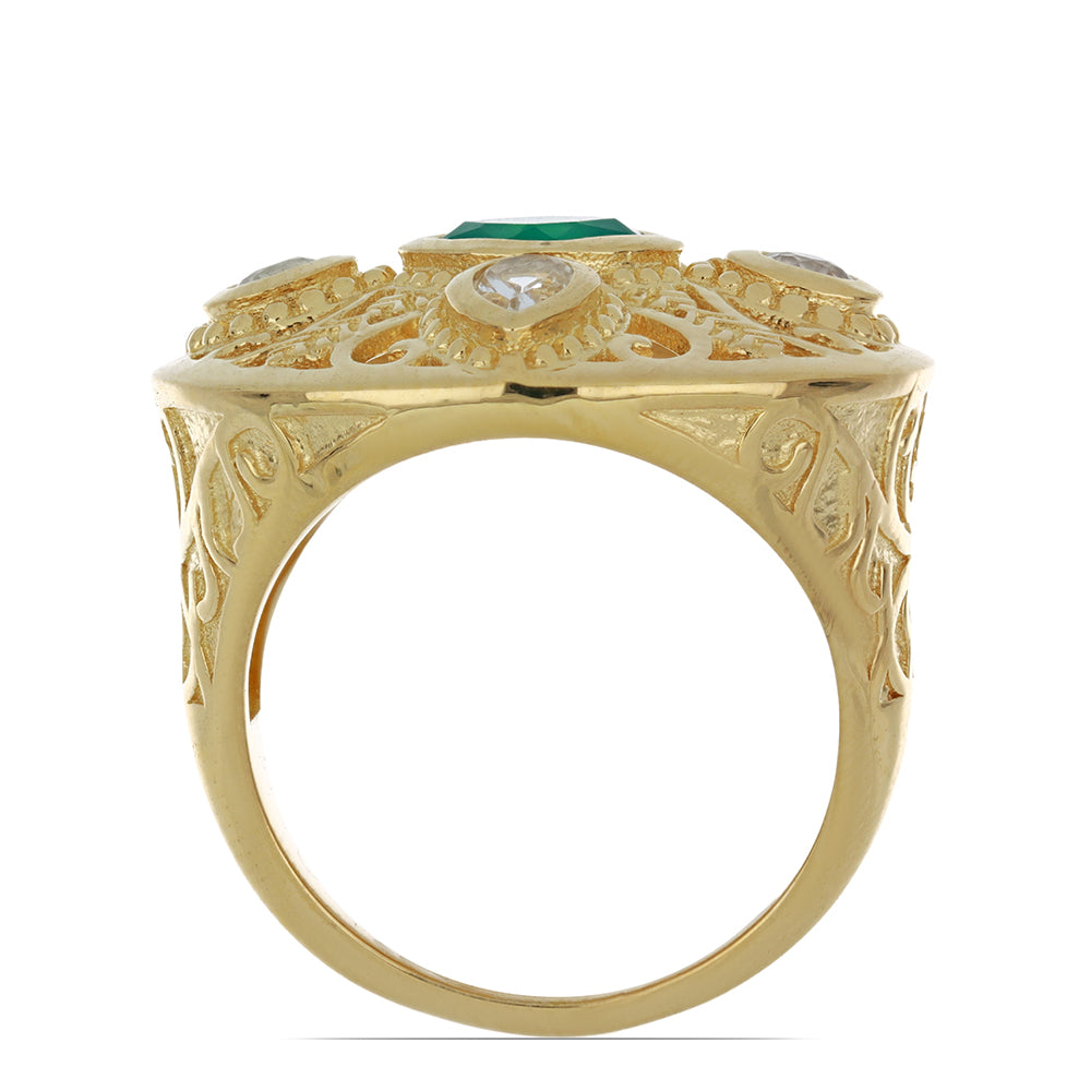 Anillo de Plata Bañada en Oro con Ágata Verde y Topacio Blanco