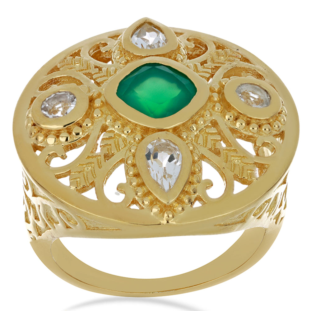 Anillo de Plata Bañada en Oro con Ágata Verde y Topacio Blanco