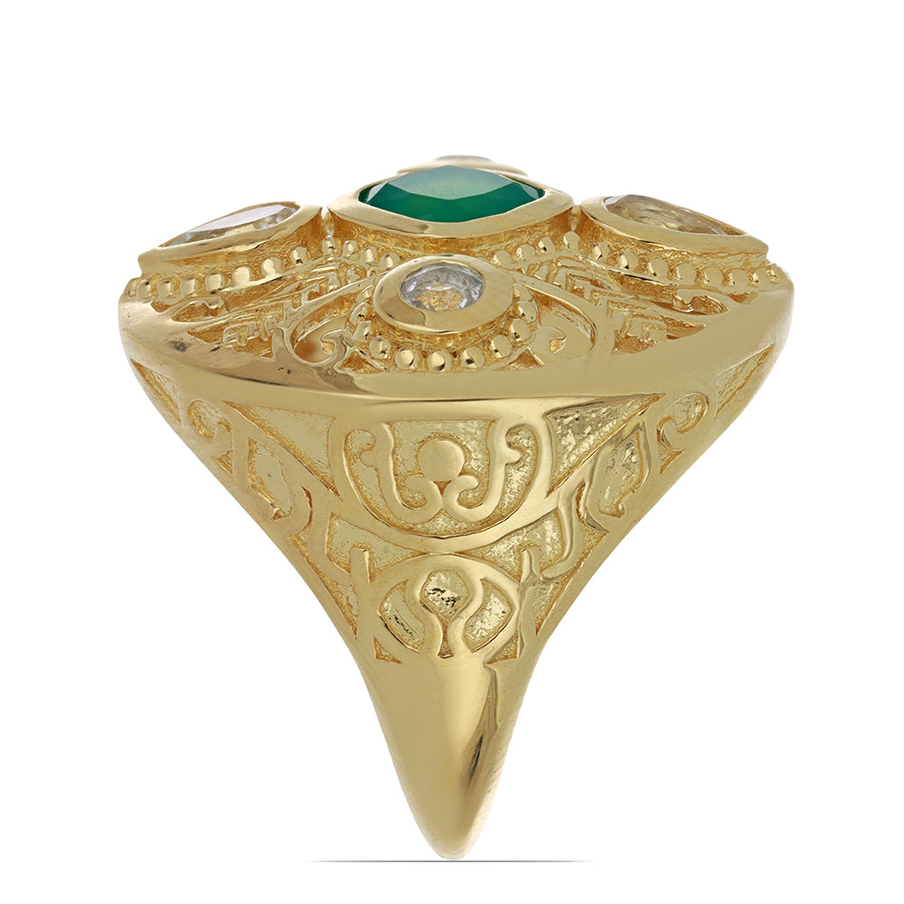 Anillo de Plata Bañada en Oro con Ágata Verde y Topacio Blanco