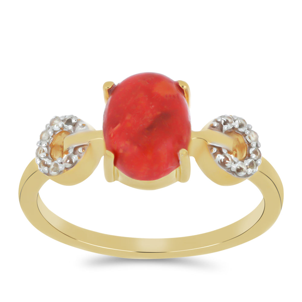 Anillo de Plata Bañada en Oro con Coral de Esponja Roja y Topacio Blanco