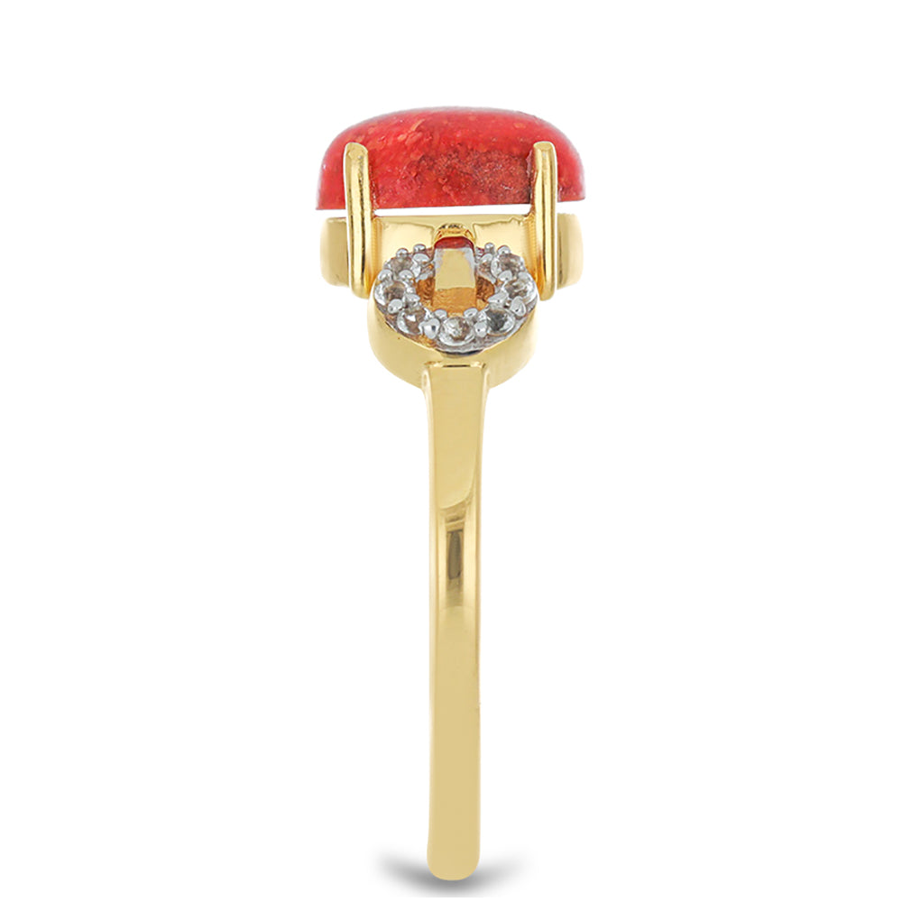 Anillo de Plata Bañada en Oro con Coral de Esponja Roja y Topacio Blanco