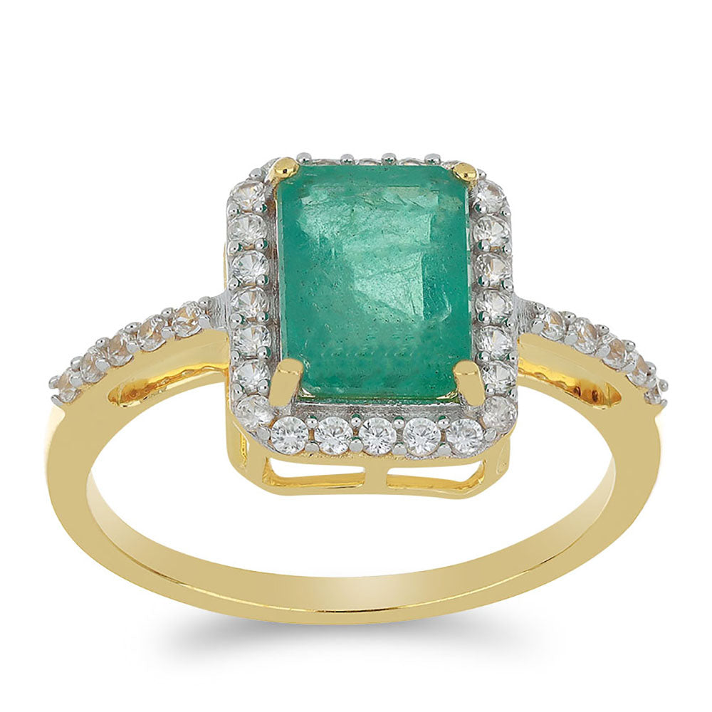Anillo de Oro 9K con Esmeralda de Zambia y Zircón blanco natural
