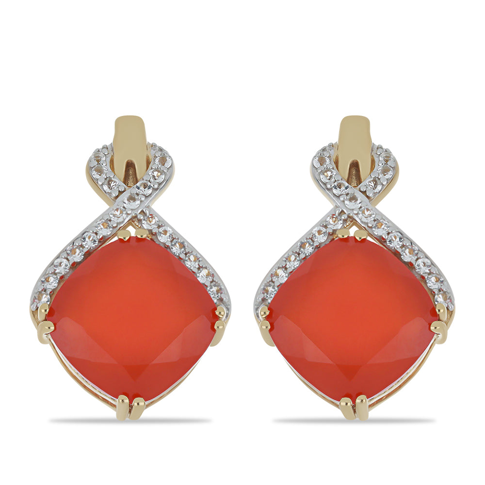 Pendientes de Plata Bañada en Oro con Calcedonia roja y Topacio Blanco