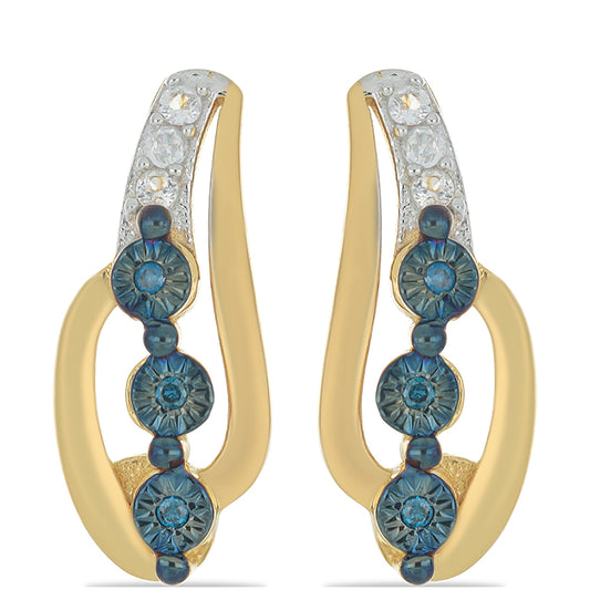 Pendientes de Plata Bañada en Oro con Diamante Azul y Topacio Blanco