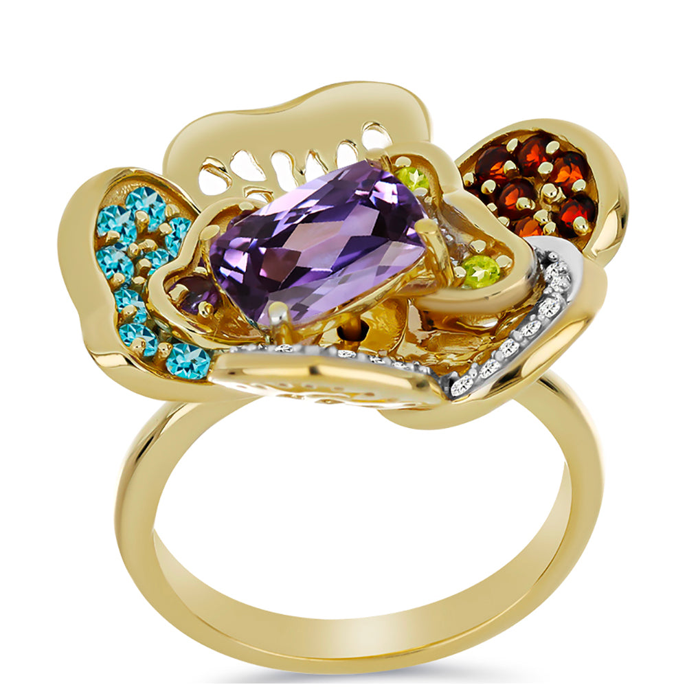 Anillo de Plata Bañada en Oro con Amatista de Marruecos y Peridoto de Changbai