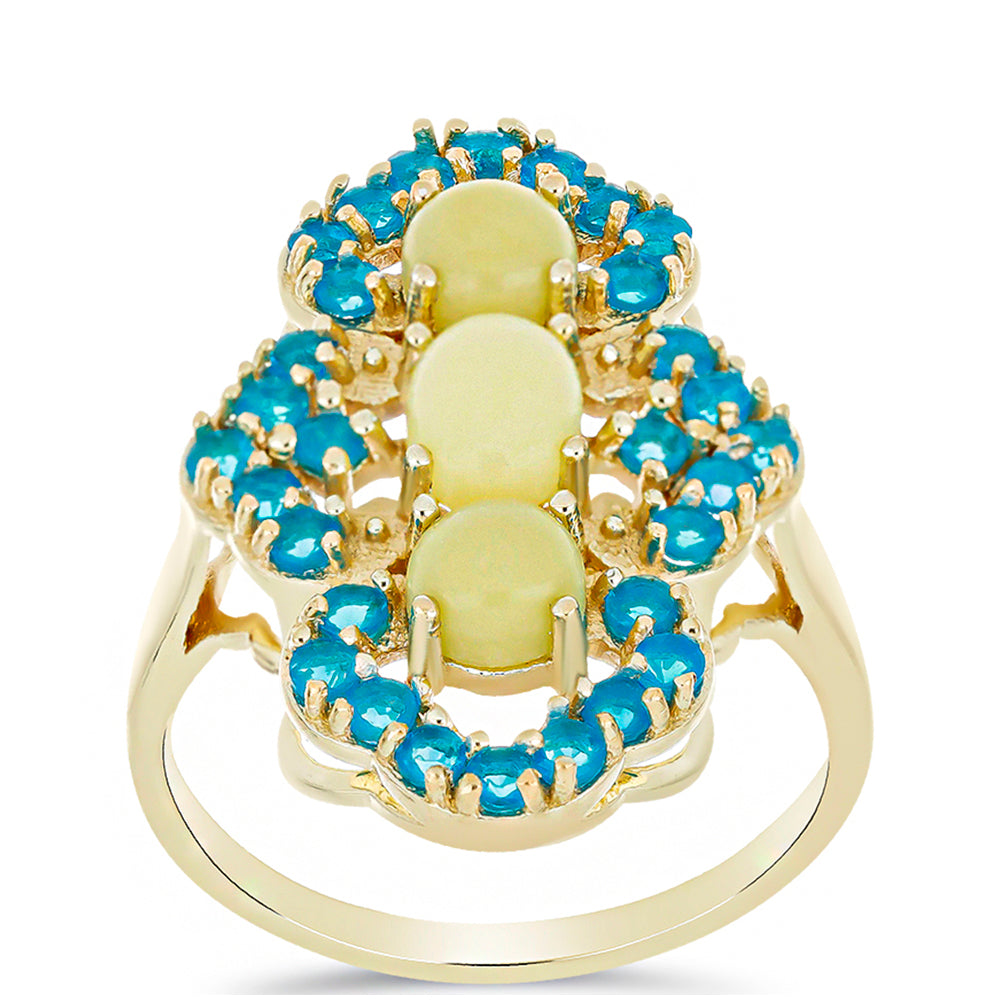 Anillo de Plata Bañada en Oro con Serpentina Amarilla y Ópalo Azul Paraiba de Etiopía 3