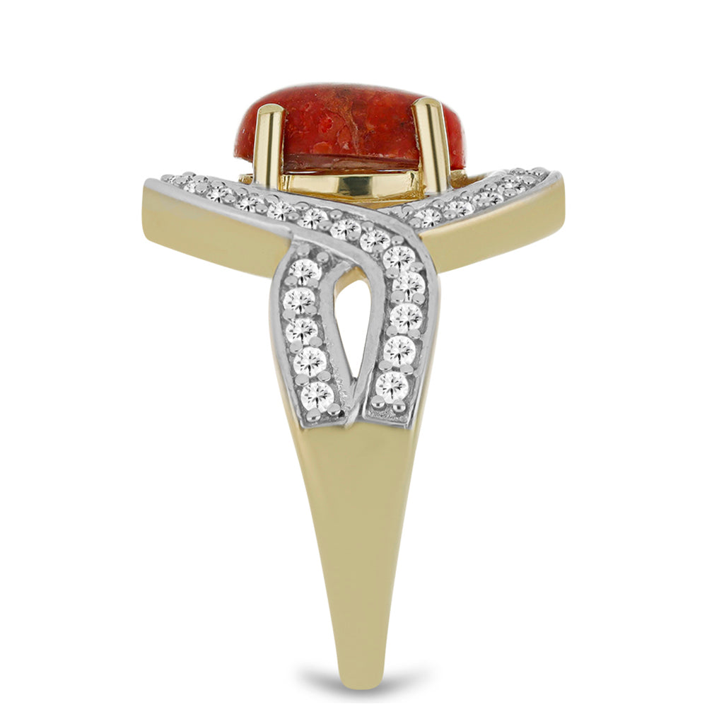 Anillo de Plata Bañada en Oro con Coral Rojo y Topacio Blanco