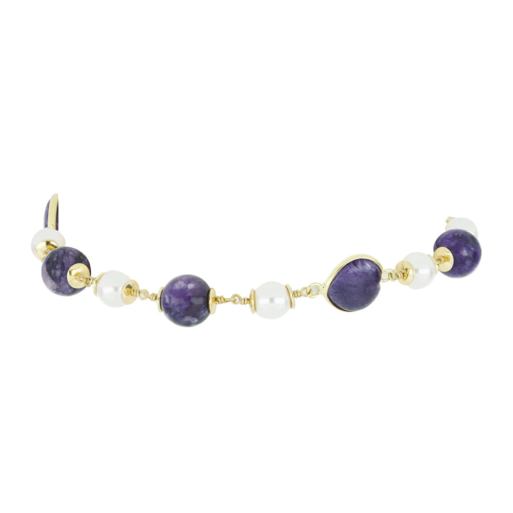 Pulsera de Plata Bañada en Oro con Charoita y Perla de Agua Dulce