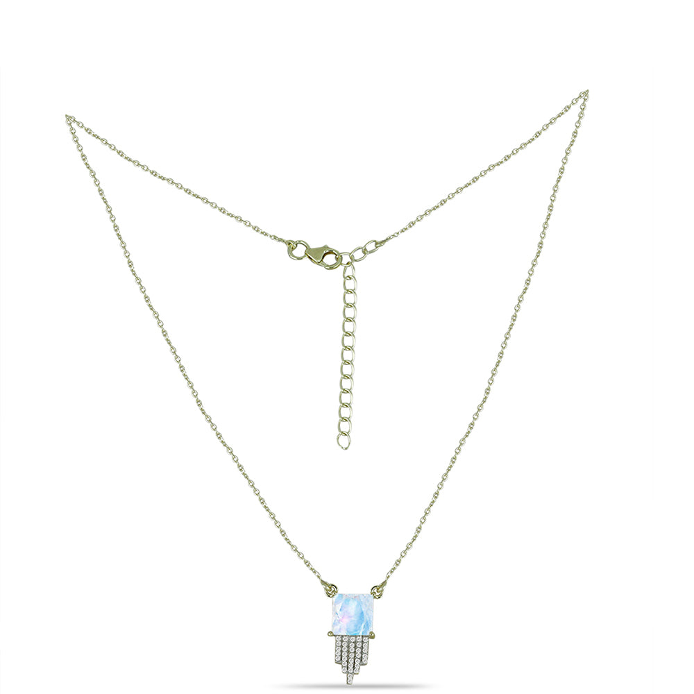 Collar de Plata Bañada en Oro con Piedra Lunar Arco Iris y Topacio Blanco