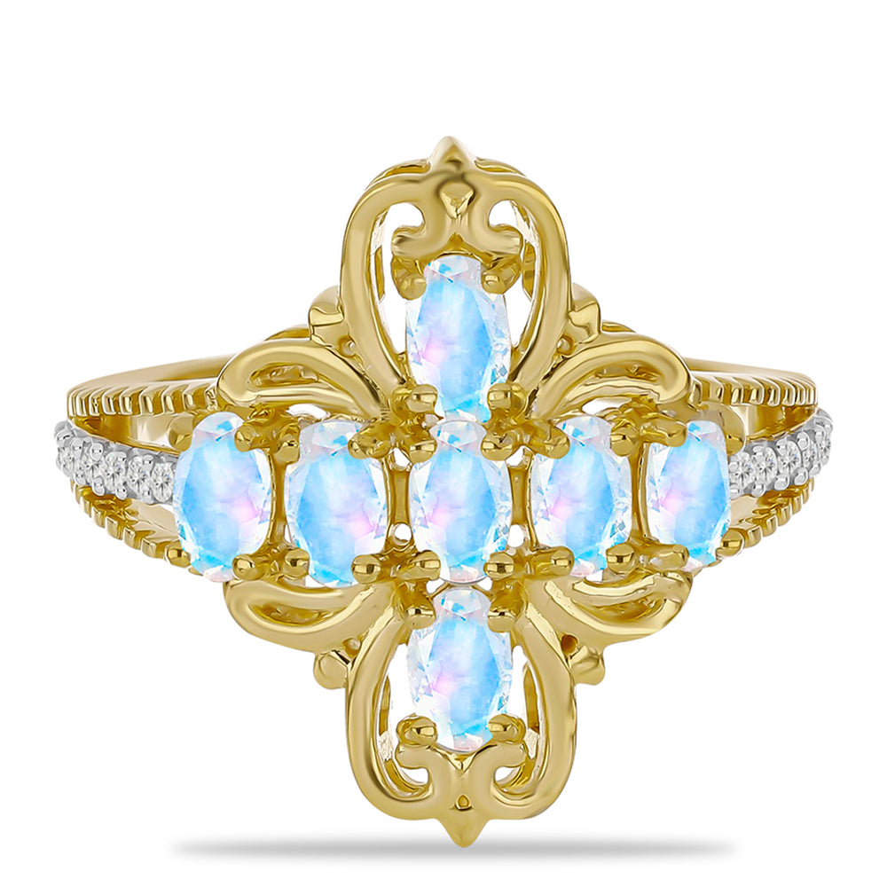 Anillo de Plata Bañada en Oro con Piedra Lunar Arco Iris y Topacio Blanco