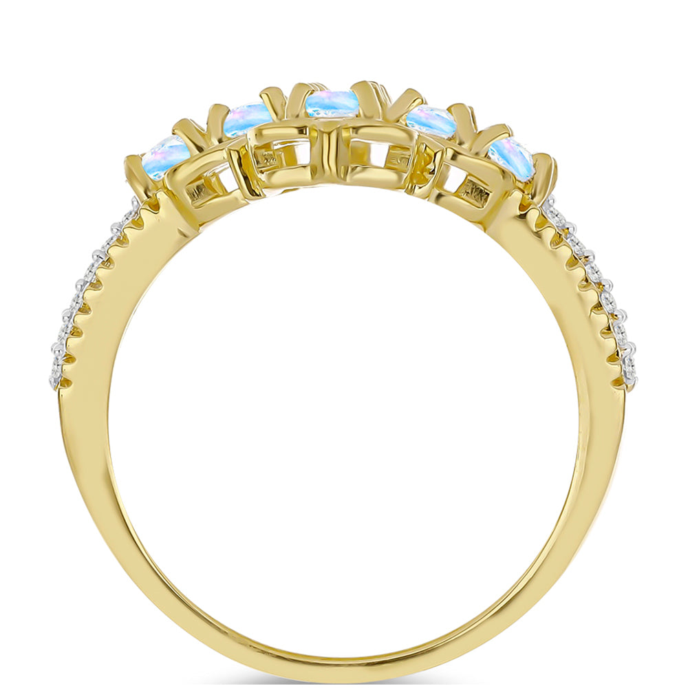 Anillo de Plata Bañada en Oro con Piedra Lunar Arco Iris y Topacio Blanco