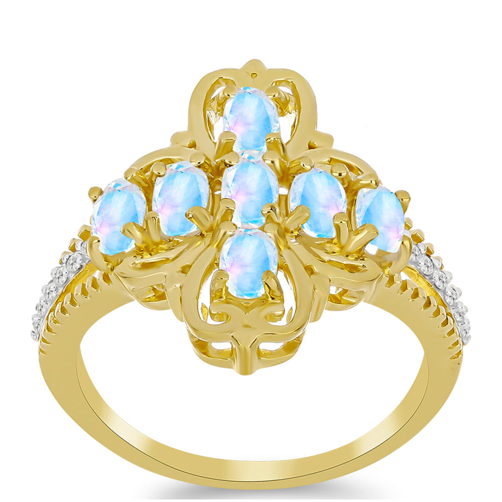 Anillo de Plata Bañada en Oro con Piedra Lunar Arco Iris y Topacio Blanco