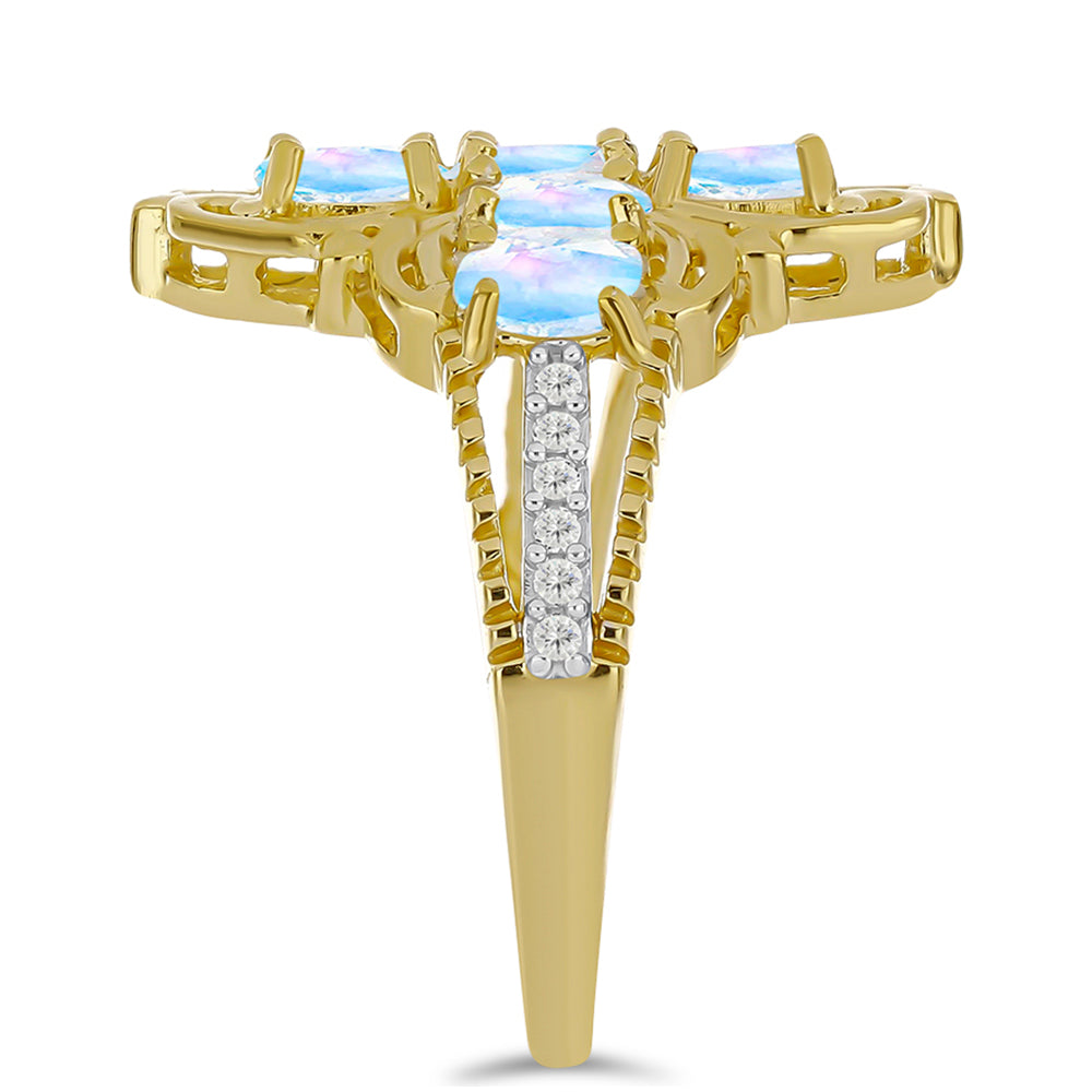 Anillo de Plata Bañada en Oro con Piedra Lunar Arco Iris y Topacio Blanco