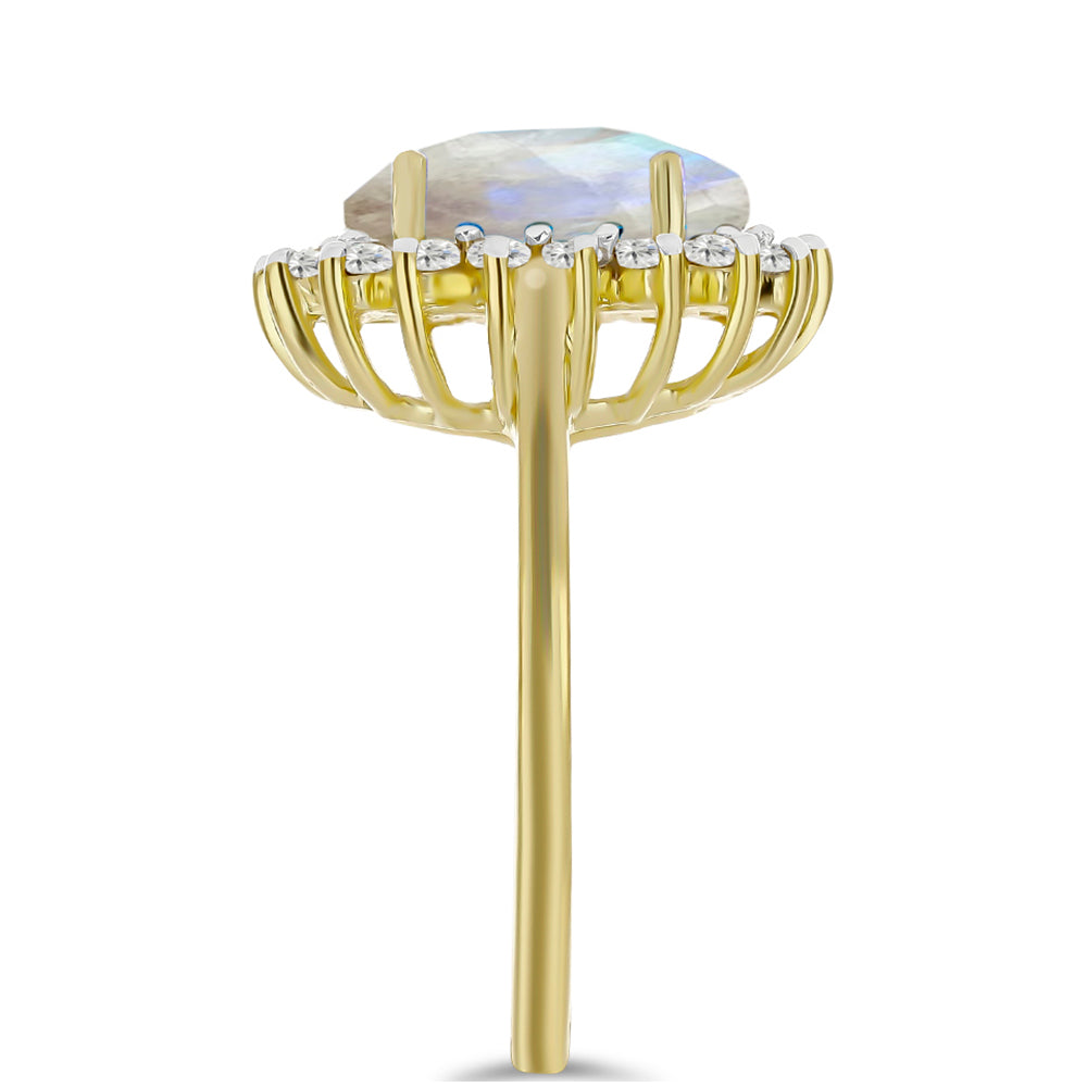 Anillo de Plata Bañada en Oro con Piedra Lunar Arco Iris y Topacio Blanco