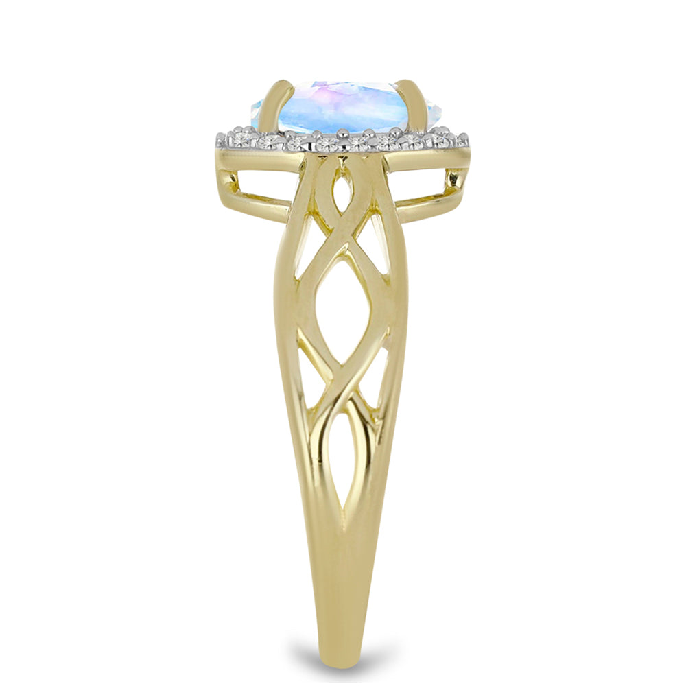 Anillo de Plata Bañada en Oro con Piedra Lunar Arco Iris y Topacio Blanco