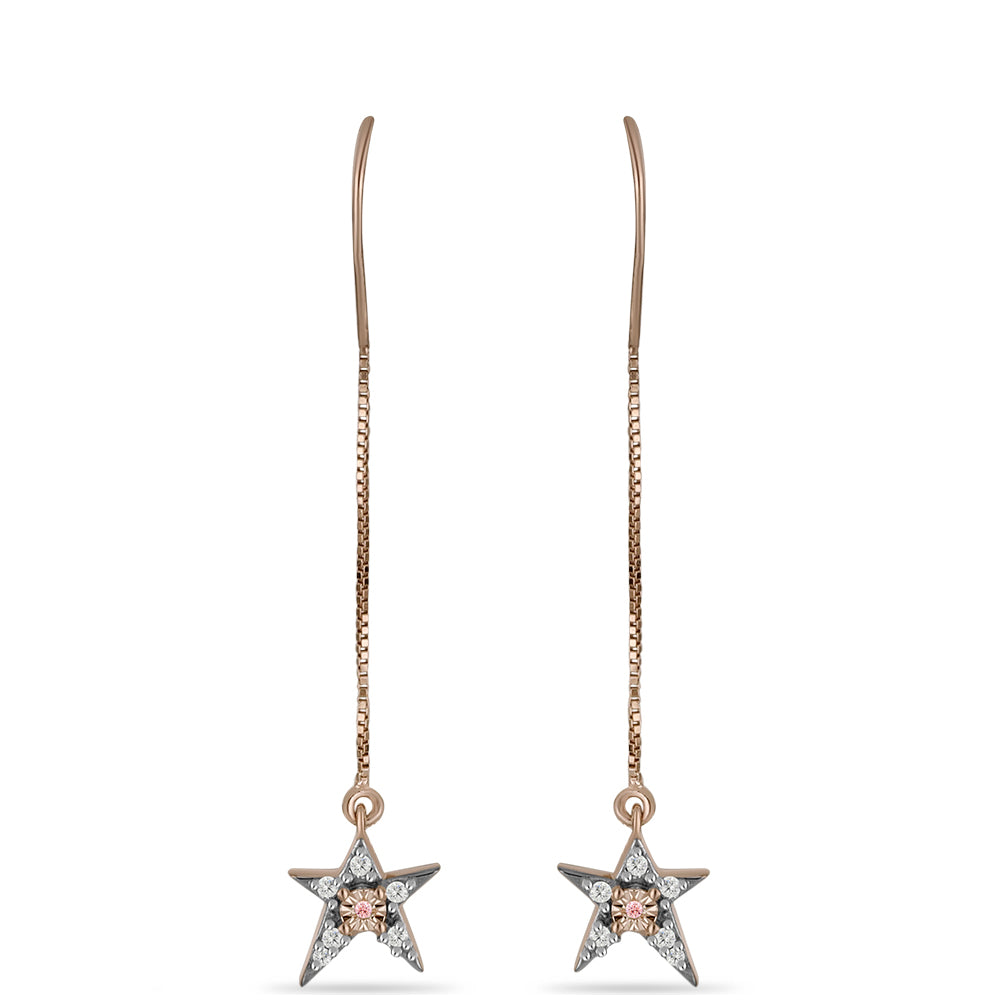 Pendientes de Plata Bañada en Oro Rosa con Diamante Rosa Danzantes y Topacio Blanco