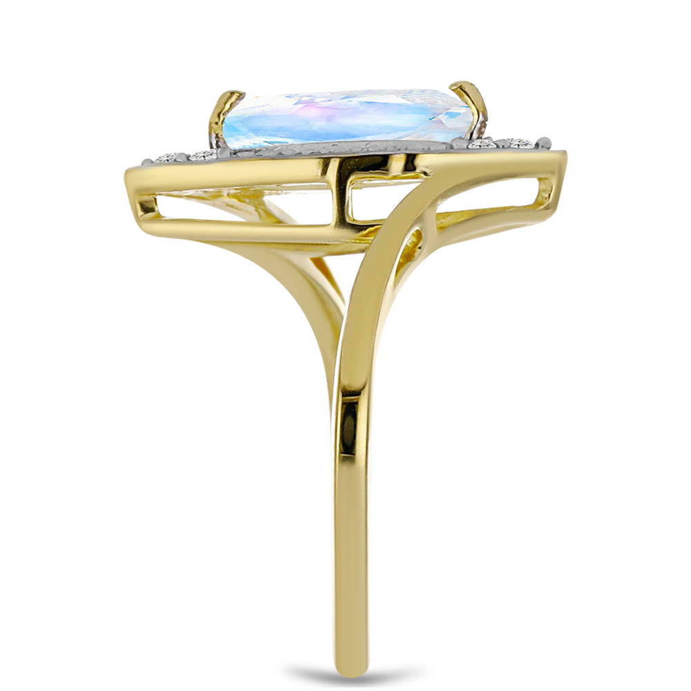 Anillo de Plata Bañada en Oro con Piedra Lunar Arco Iris y Topacio Blanco