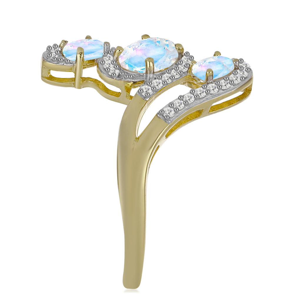 Anillo de Plata Bañada en Oro con Piedra Lunar Arco Iris y Topacio Blanco